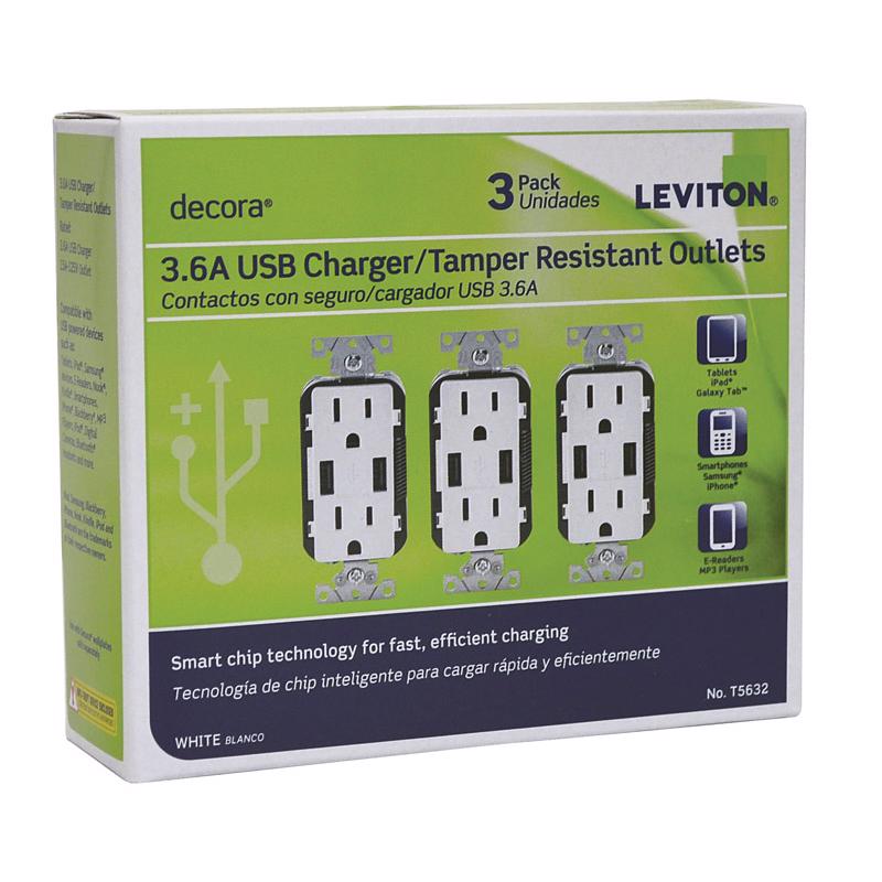 USB OUTLET 15A WHT 3PK